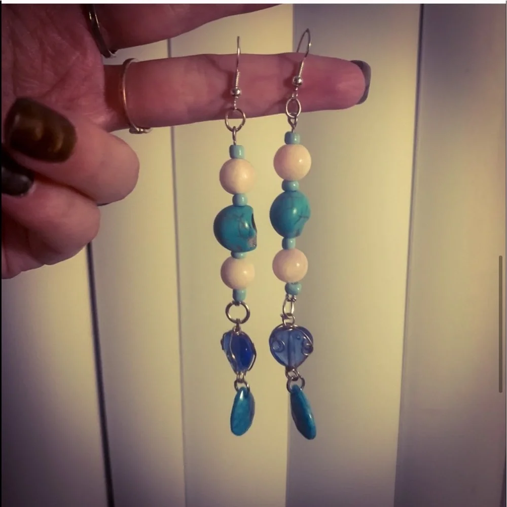 Handmade New S925 Sterling Silver Turquoise Rhodonite Skull Candy Drop Earrings